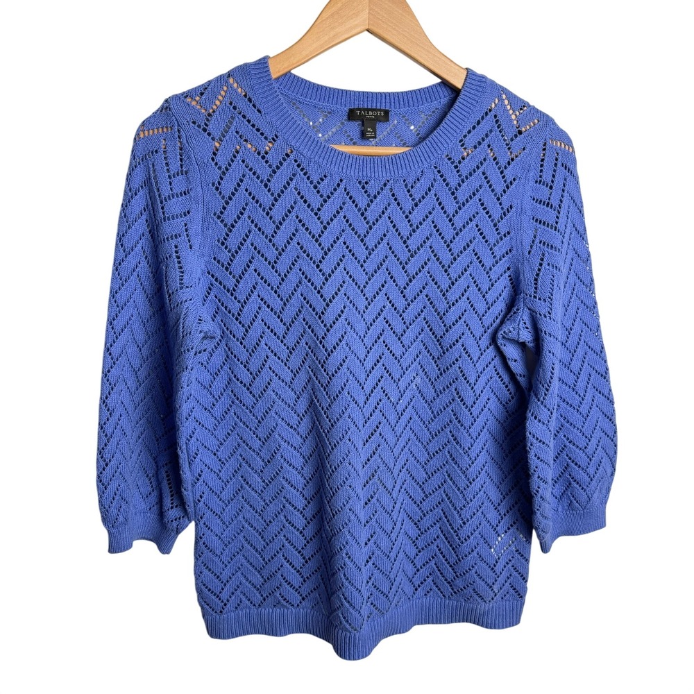 Talbots Loose Knit Sweater MP Lilac Pointelle Cotton Linen 3/4 Sleeve Chevron